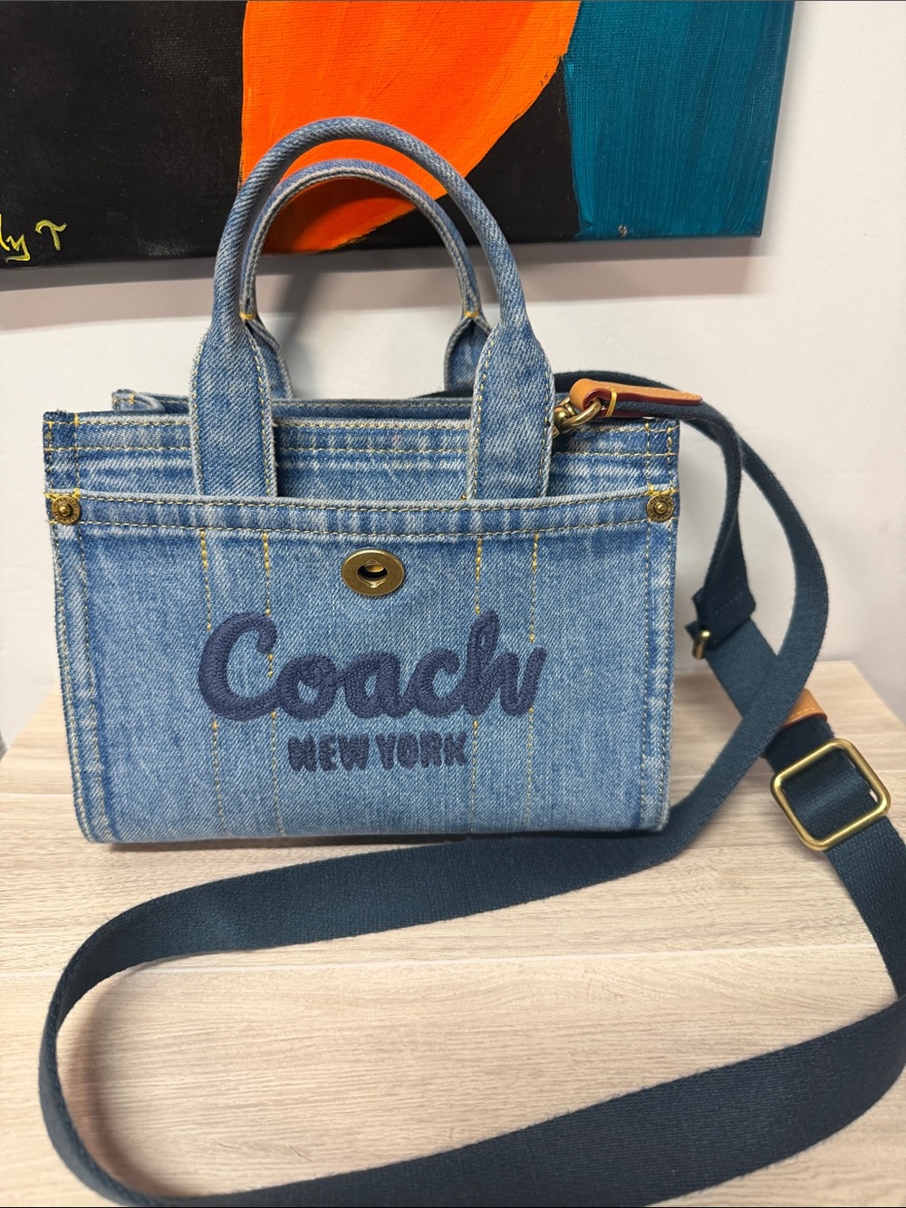 Coach Denim Mini Crossbody in Light Blue with Navy Script